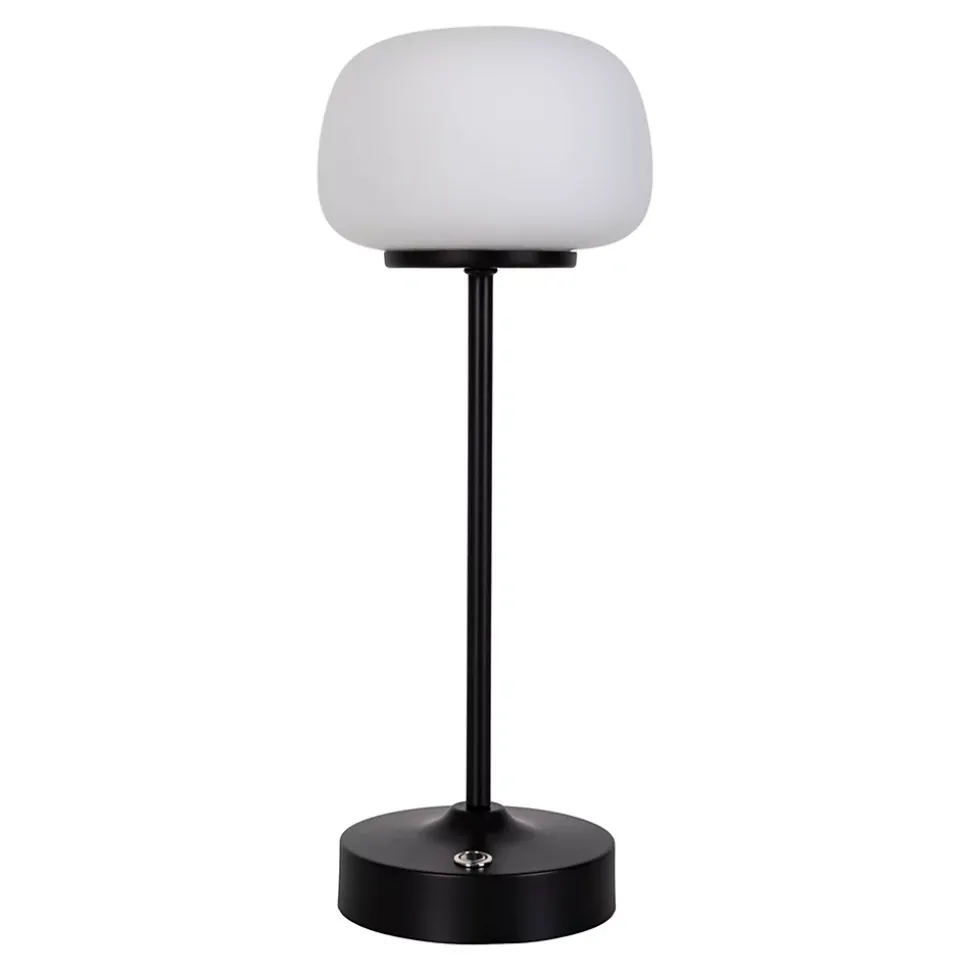 Lampe LED à accu/de table 'PINA' 30 cm de haut, en métal (noir) et verre (blanc), LEDs intégrés, blanc chaud