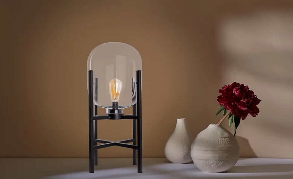 Lampe LED sur socle 'LORA' hauteur 58 cm, en métal et verre, en métal noir et verre clair, pour l'intérieur et l'extérieur