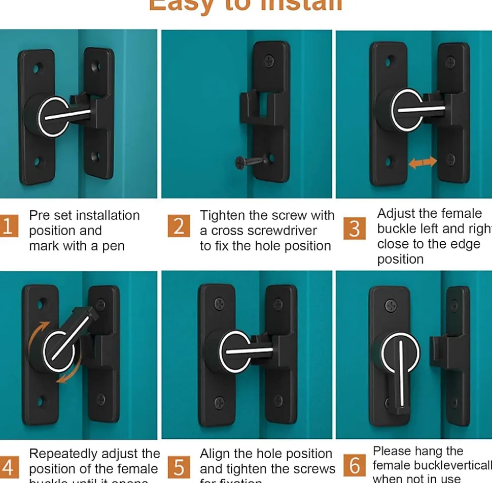 Loquet de porte coulissant lumineux à 90 degrés, avec 4 vis (noir)