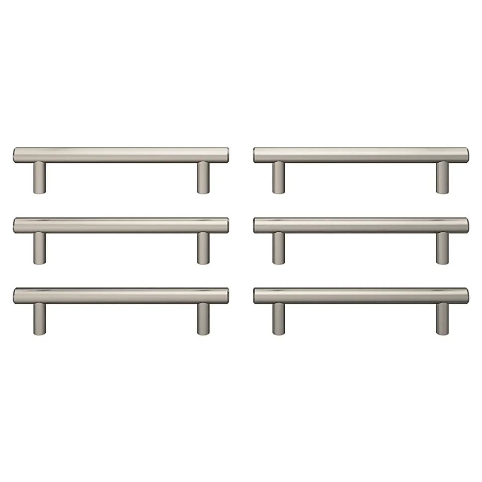 Lot 6 poignées de meuble en T GoodHome Dizel acier effet nickel satin gris l.168mm x l.12mm x H. 35mm entraxe 128mm