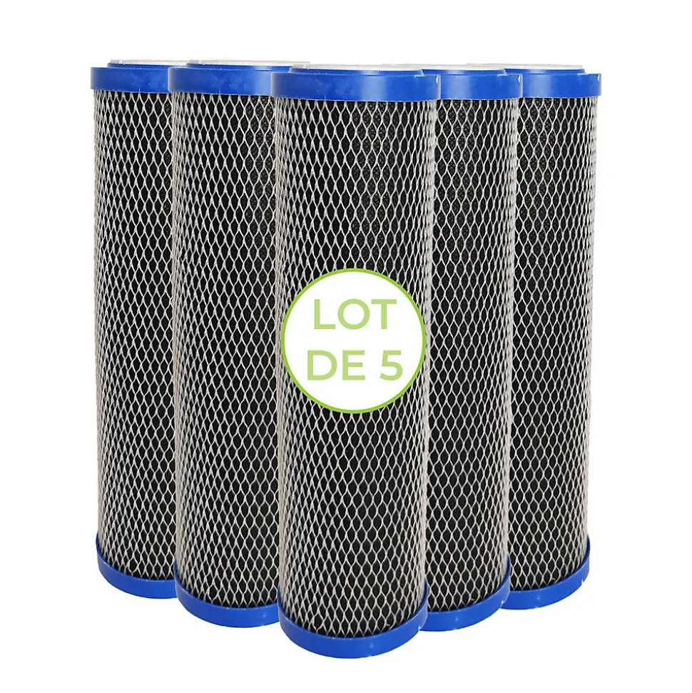 Lot de 5 Cartouches 2 en 1 Filtre à Eau 9 pouces 3/4 - Anti sédiments + Charbon actif 5 microns Fabriqué en France