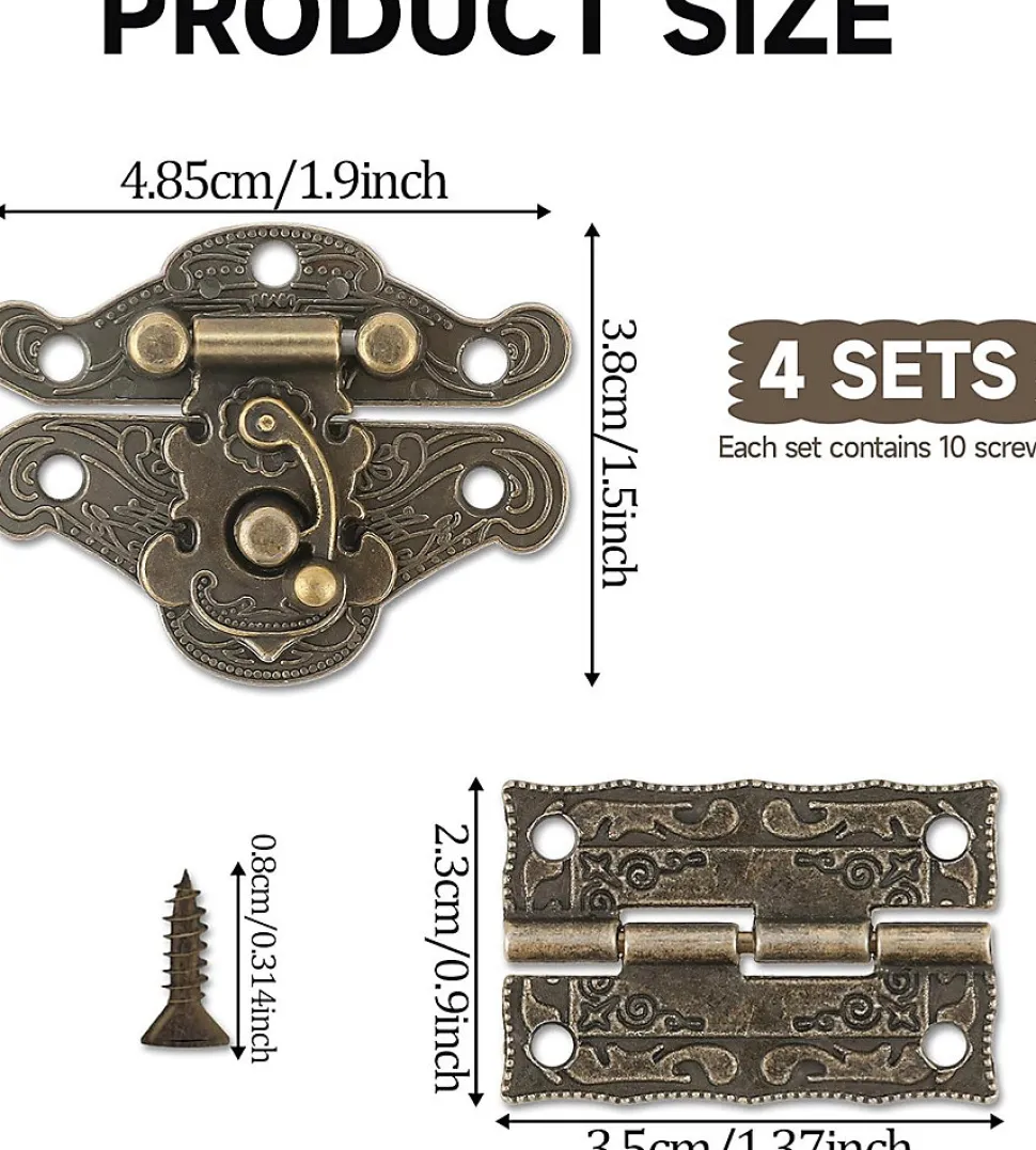 Lot de 4 charnières à loquet en bronze antique sculpté pour boîte à bijoux vintage, style rétro