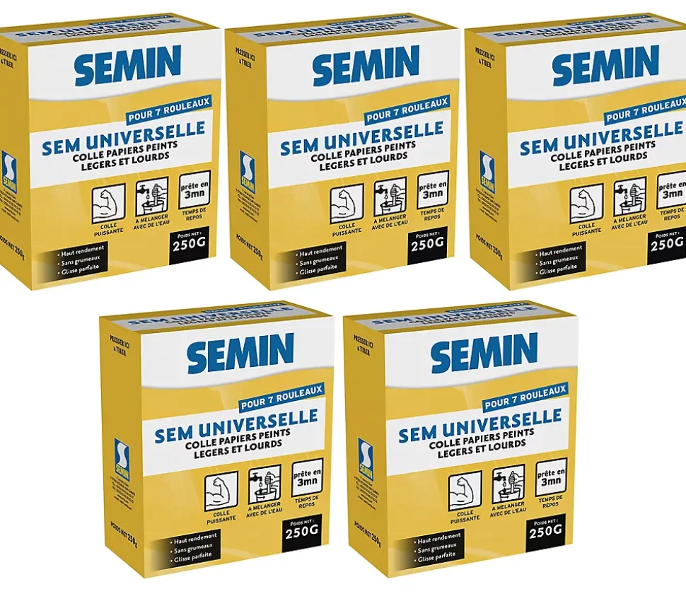 Lot de 5 Colles en Poudre pour Papiers Peints Légers et Lourds Semin, Boite 250 g