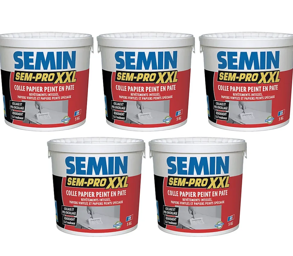 Lot de 5 Colles Papiers Peints en Pâte Semin Sem-Pro XXL, Prêt à l'Emploi, Seau de 5 kg
