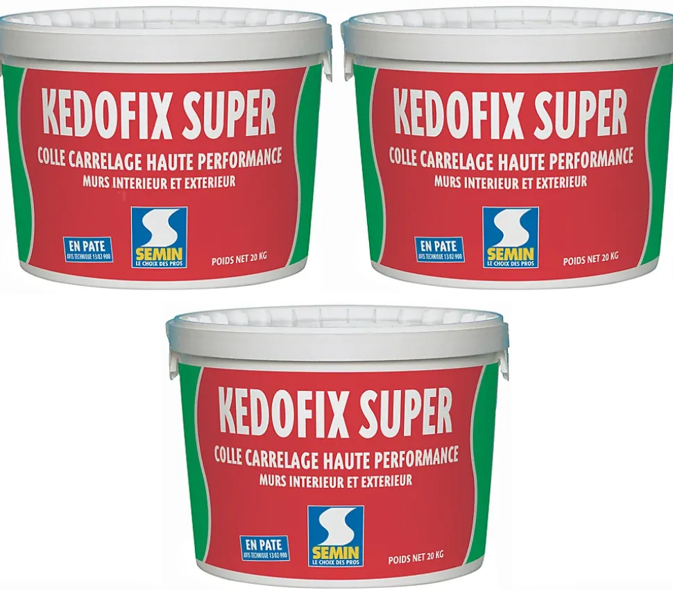 Lot de 3 colles pour Carrelage Haute Performance Kedofix Semin, Prêt à l'emploi, Intérieur/extérieur, seau de 20 kg