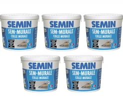 Lot de 5 Colles pour Toiles de Verre et Revêtements Muraux Légers Semin Sem Murale, Prêt à l'Emploi, Seau 5 kg