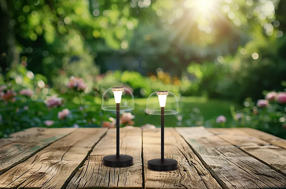Lot de 2 lampes de table LED rechargeables 'Gomba' pour l'extérieur et l'intérieur, en métal et plastique noir , hauteur 18,5 cm