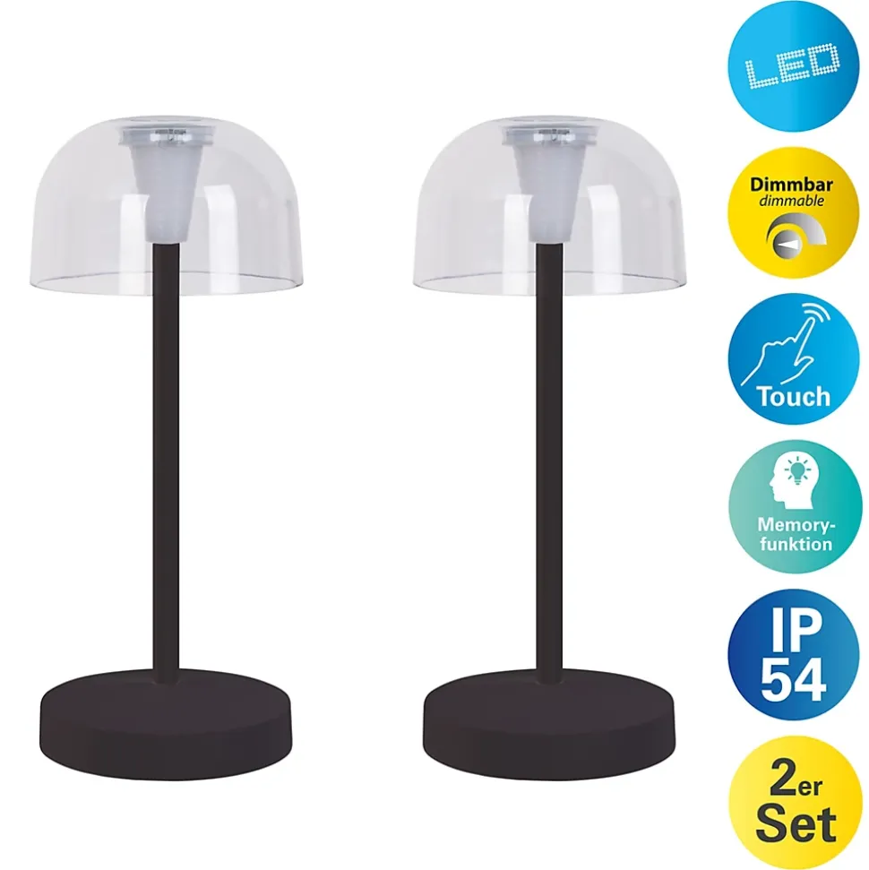 Lot de 2 lampes de table LED rechargeables 'Gomba' pour l'extérieur et l'intérieur, en métal et plastique noir , hauteur 18,5 cm