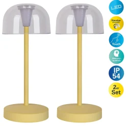 Lot de 2 lampes de table LED rechargeables 'Gomba' pour l'extérieur et l'intérieur, en métal et plastique jaune, hauteur 18,5 cm
