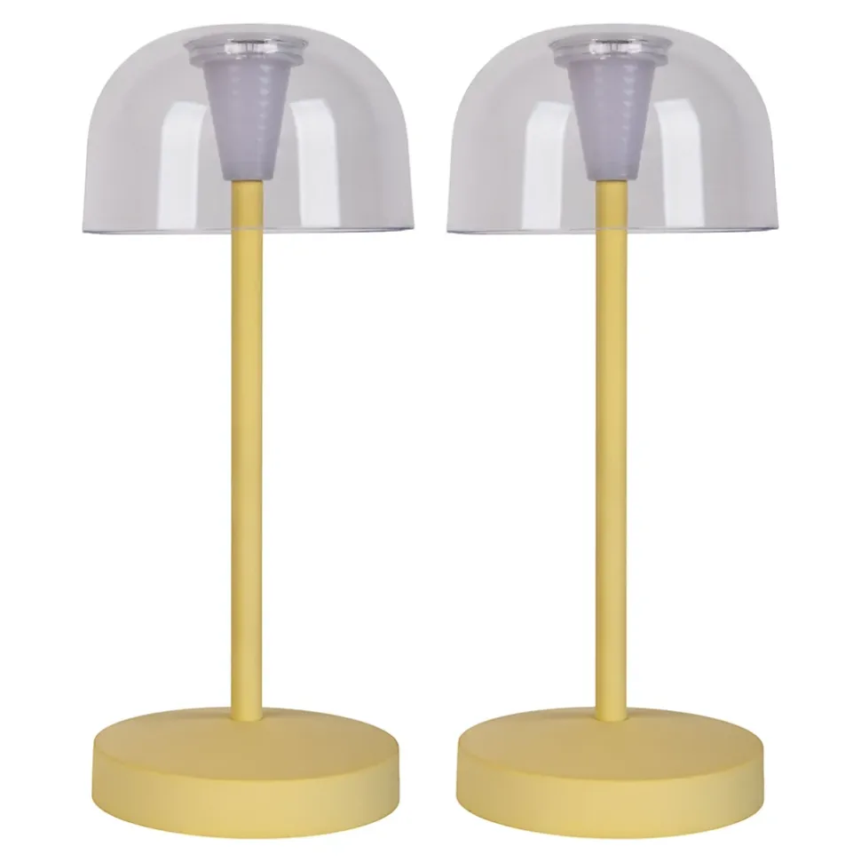 Lot de 2 lampes de table LED rechargeables 'Gomba' pour l'extérieur et l'intérieur, en métal et plastique jaune, hauteur 18,5 cm