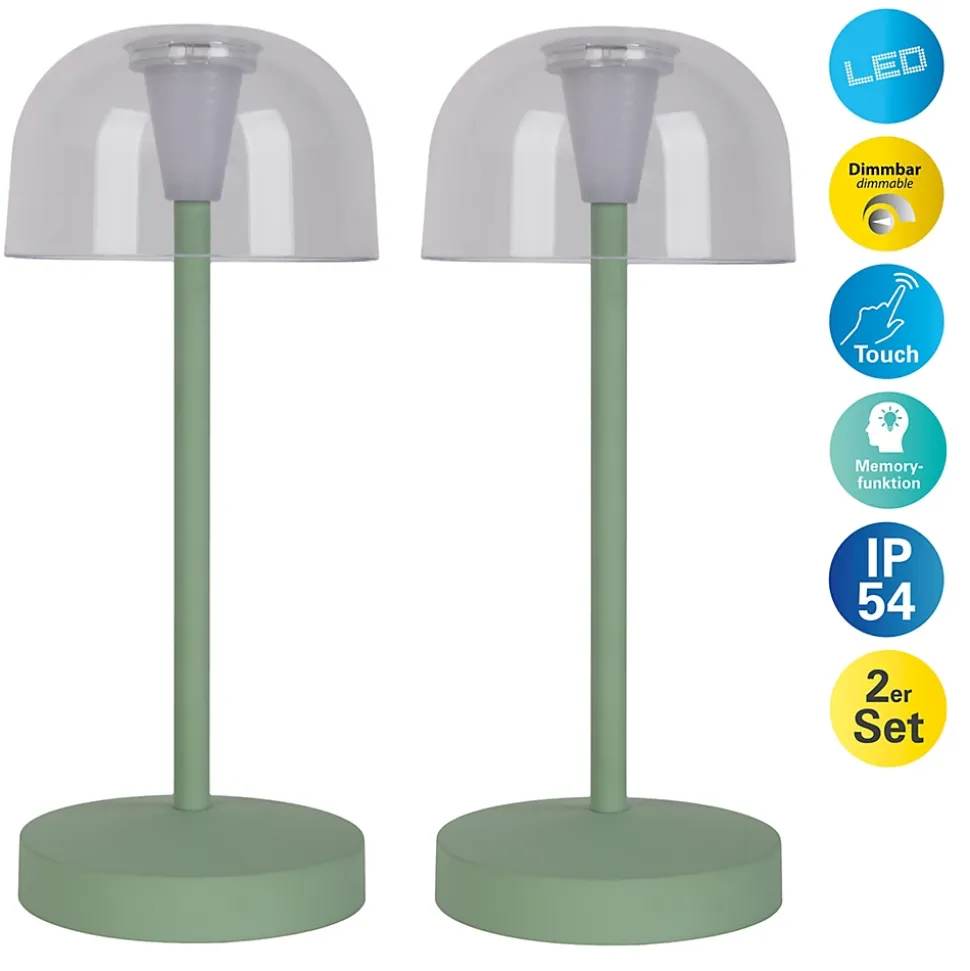 Lot de 2 lampes de table LED rechargeables 'Gomba' pour l'extérieur et l'intérieur, en métal et plastique menthe, hauteur 18,5 cm