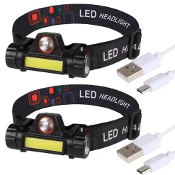 Lot de 2 Lampes Frontales LED Waterproof Rechargeables USB - Réglables - Éclairage Puissant - Résistantes Pluie et Humidité - x2