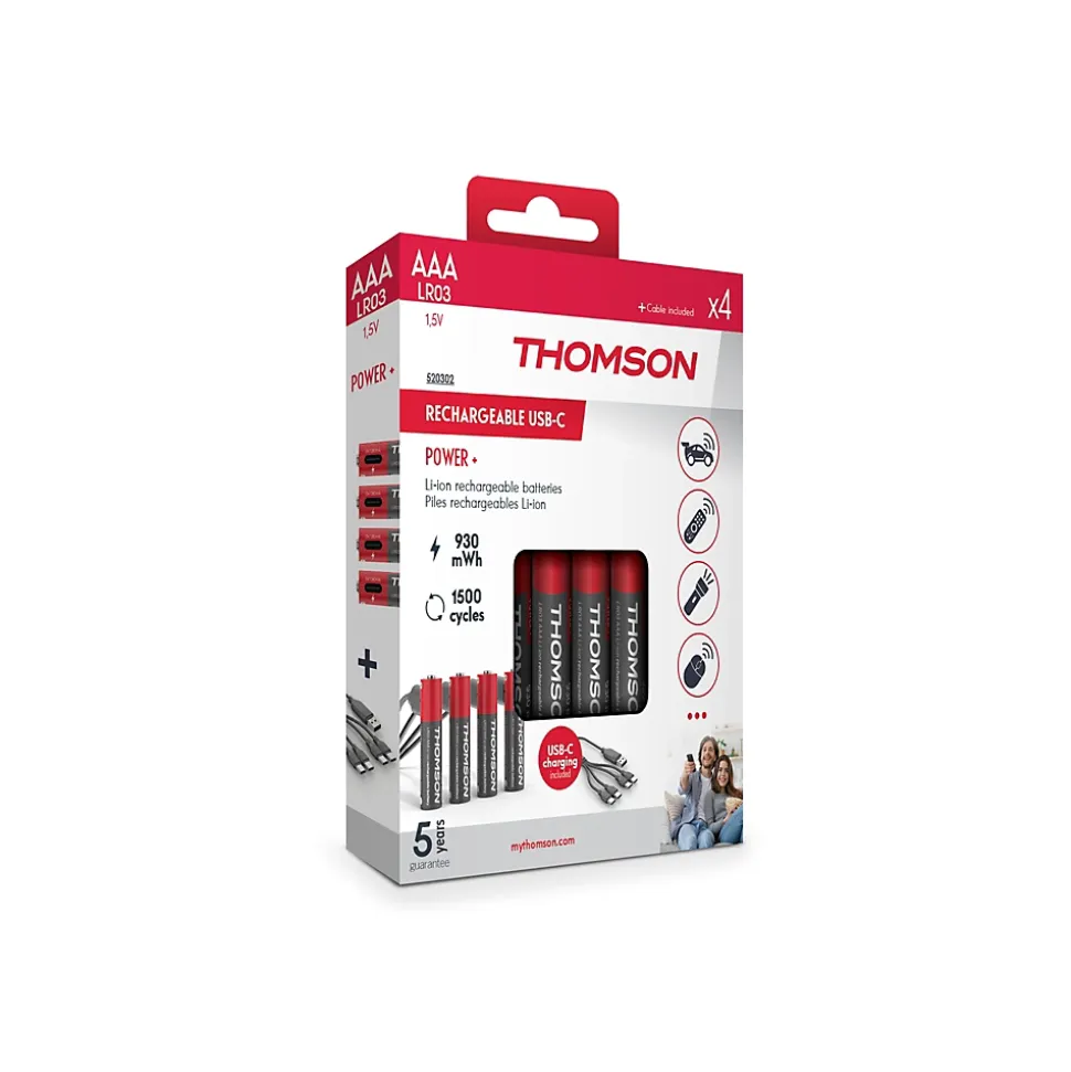 Lot de 4 Piles AAA - LR03 Li ion 1,5V rechargeables par USBC avec câble multi USB - 520302 Thomson