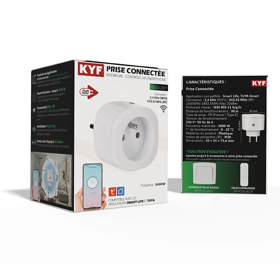 Lot de 3 Prises intérieures 3680W connectées Wifi + Radio fréquence+ 3 Interrupteurs ON/OFF + Télécommande Sans Fil