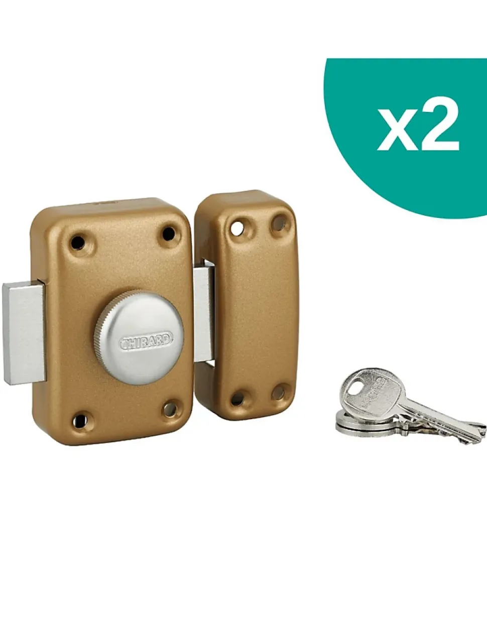 Lot de 2 verrous à bouton Apache pour porte d'entrée, cylindre 45mm, acier, 3 clés/verrou, époxy or - THIRARD