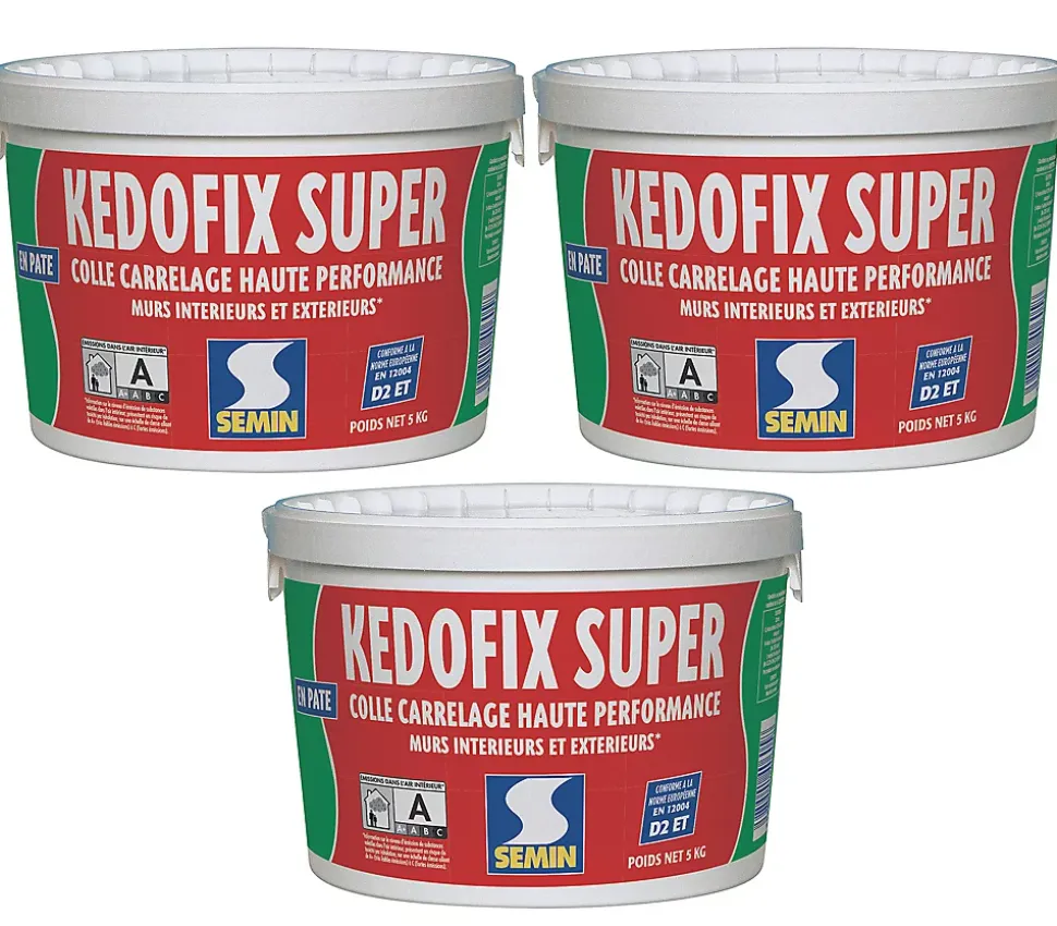 Lot de3 colles pour Carrelage Haute Performance Kedofix Semin, Prêt à l'emploi, Intérieur/extérieur, seau de 5 kg