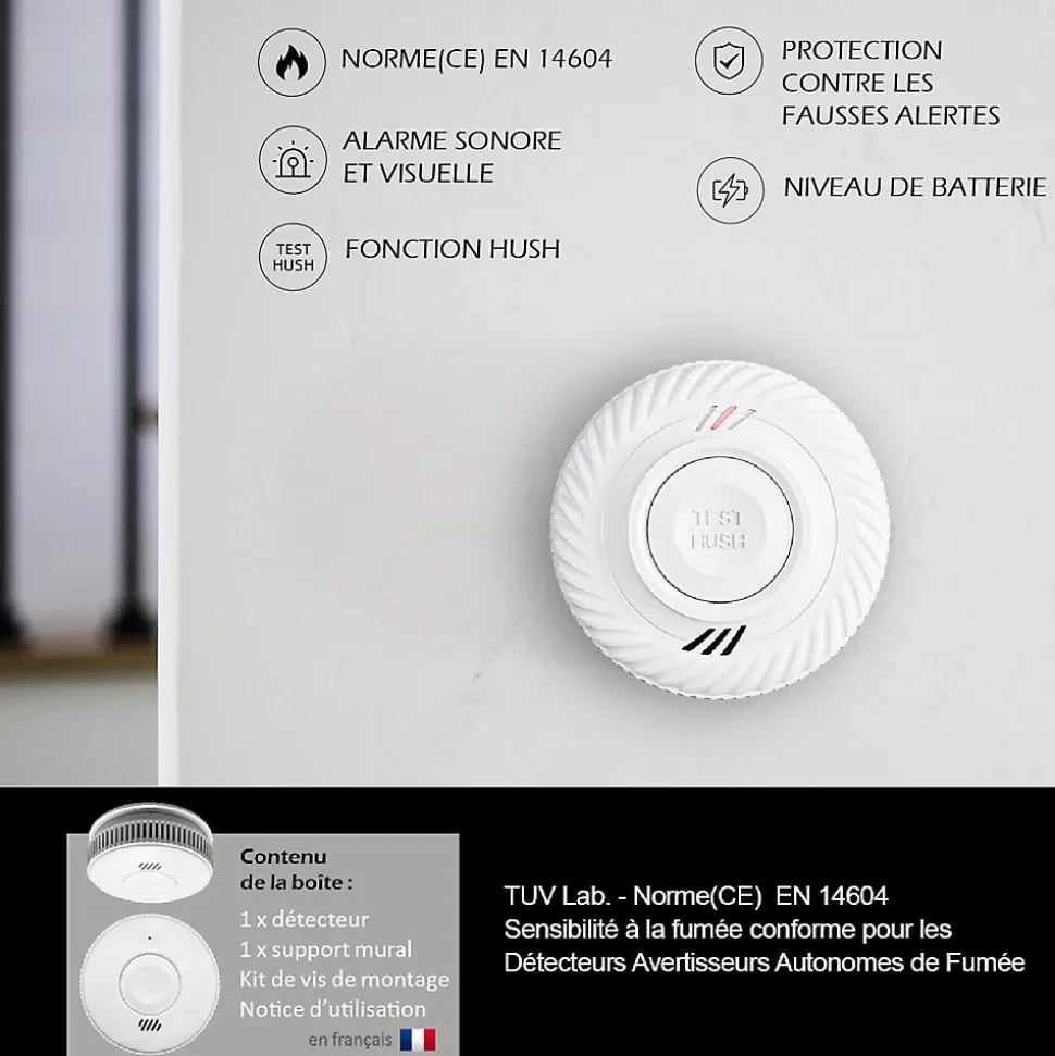 Lot de 2x Détecteur de fumée CE Pile 10 ans scellée connecté Wifi