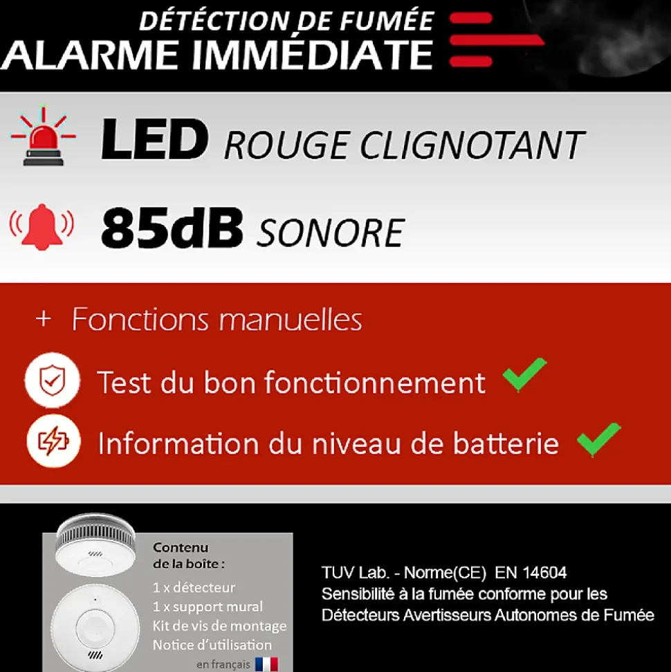 Lot de 2x Détecteur de fumée CE Pile 10 ans scellée connecté Wifi