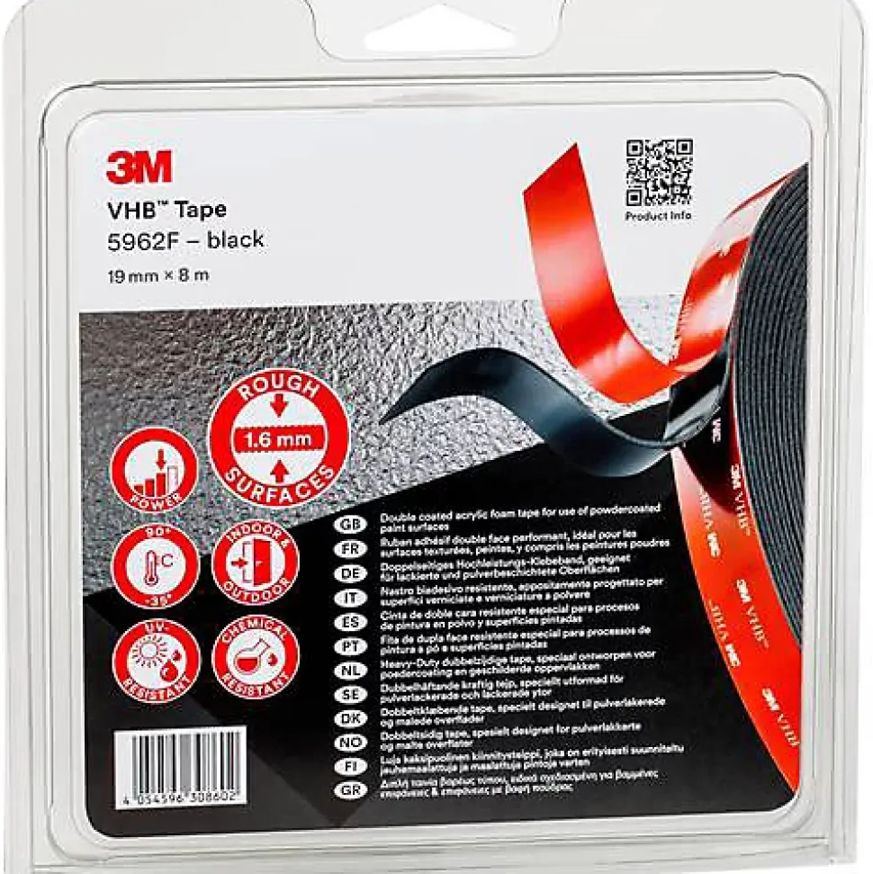 3M 5962F Ruban adhésif double-face VHB noir 8 m x 19 mm, ép. 1,6 mm, 1 pc