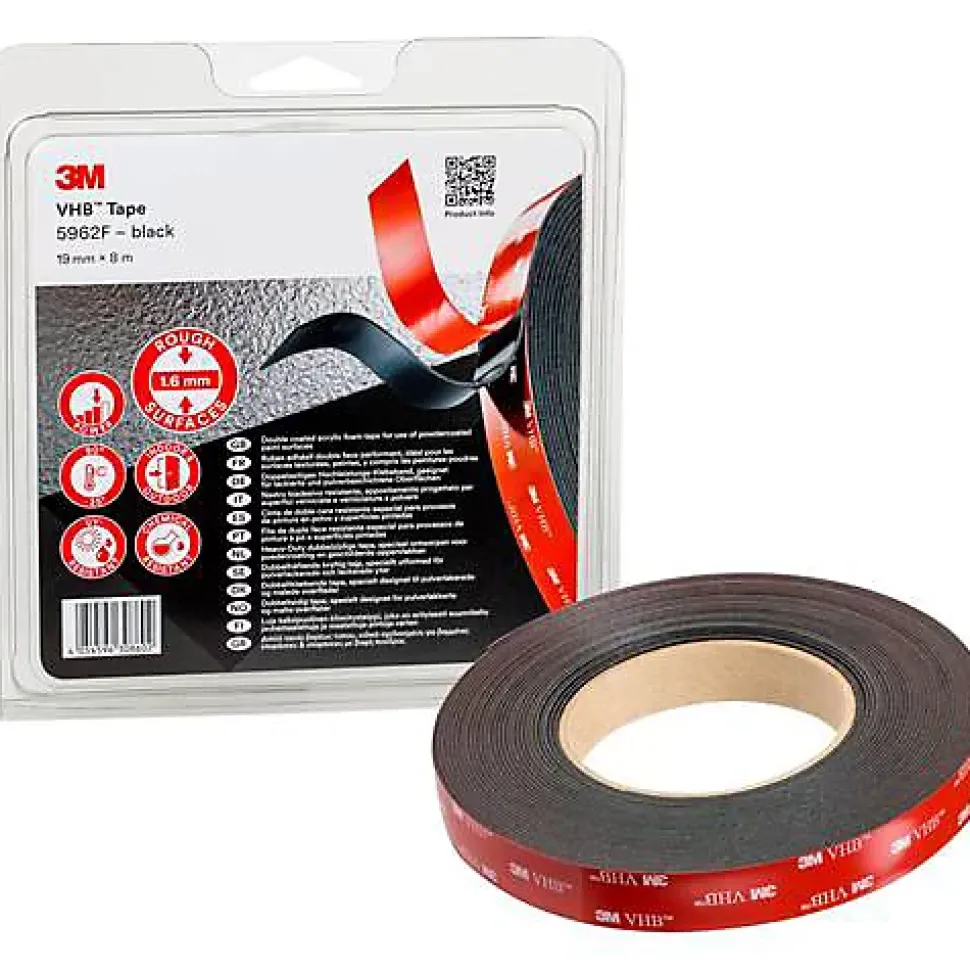 3M 5962F Ruban adhésif double-face VHB noir 8 m x 19 mm, ép. 1,6 mm, 1 pc