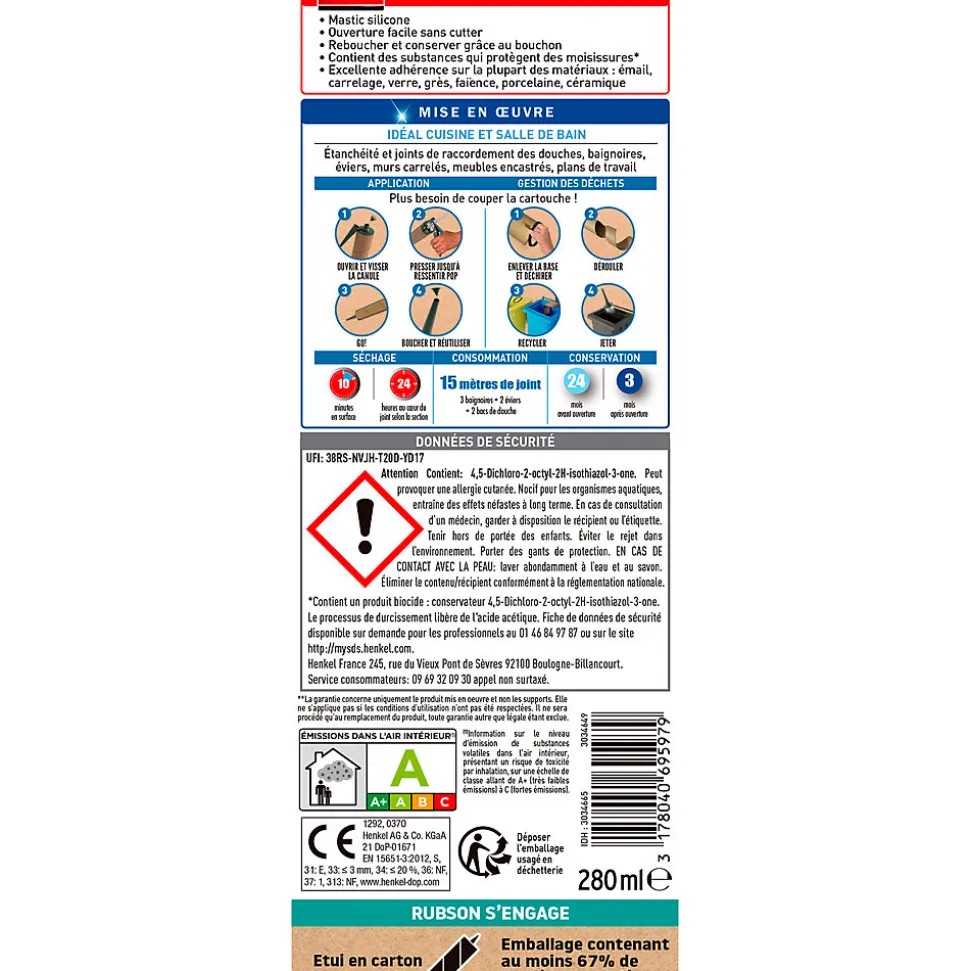 Mastic bain et cuisine Rubson transparent 280ml