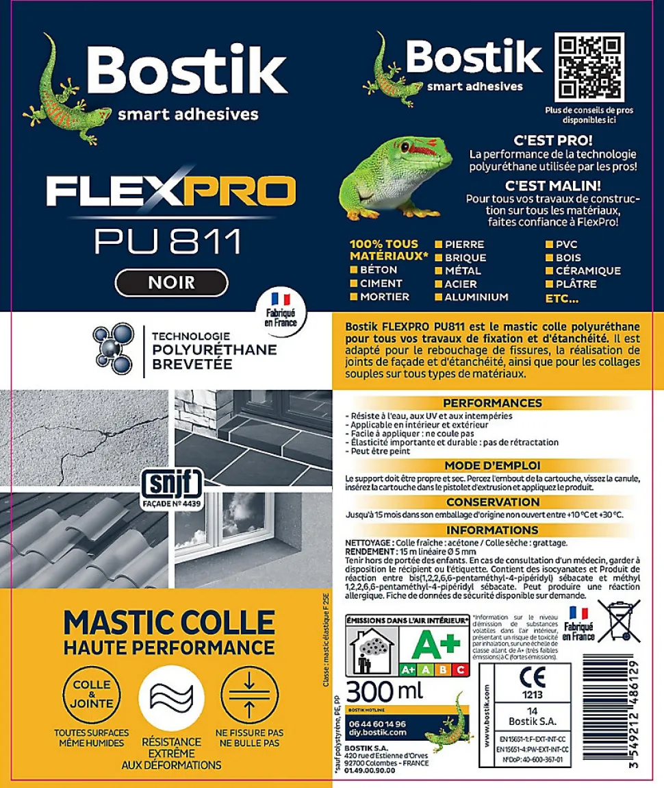 Mastic colle Bostik Flexpro PU 811 noir 300ml