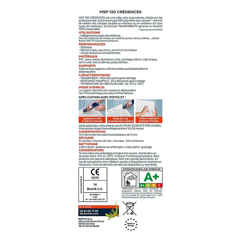 Mastic colle crédence Bostik MSP120 90 ml