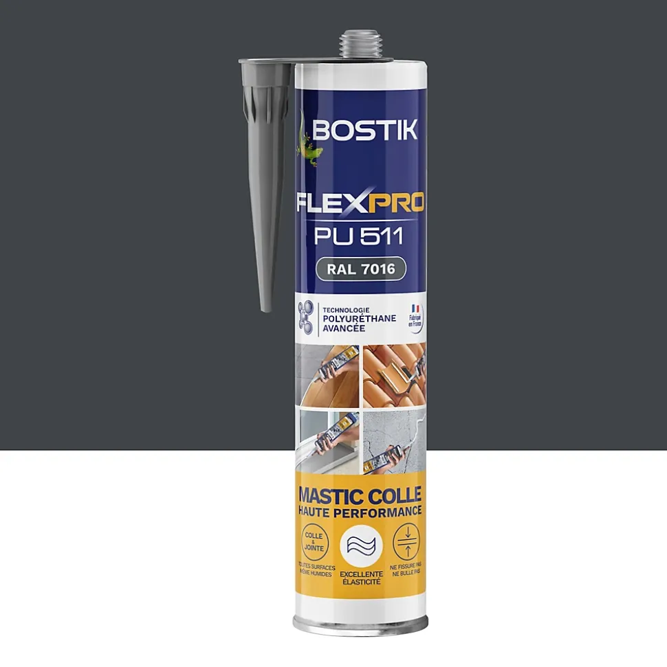 Mastic colle haute performance BOSTIK Flexpro pu 511, 300 ml gris anthracite RAL7016