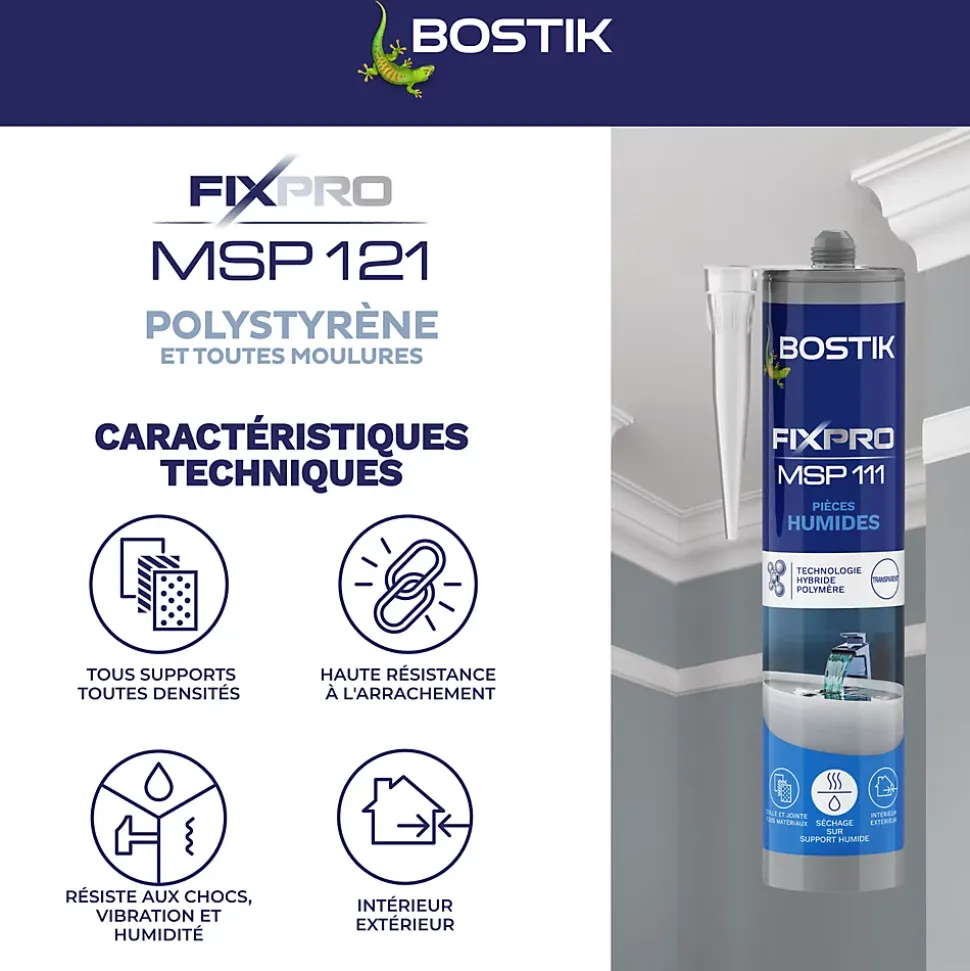 Mastic colle spécial polystyrène et moulures blanc Bostik Fixpro MSP 121, cartouche de 290 ml