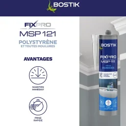 Mastic colle spécial polystyrène et moulures blanc Bostik Fixpro MSP 121, cartouche de 290 ml
