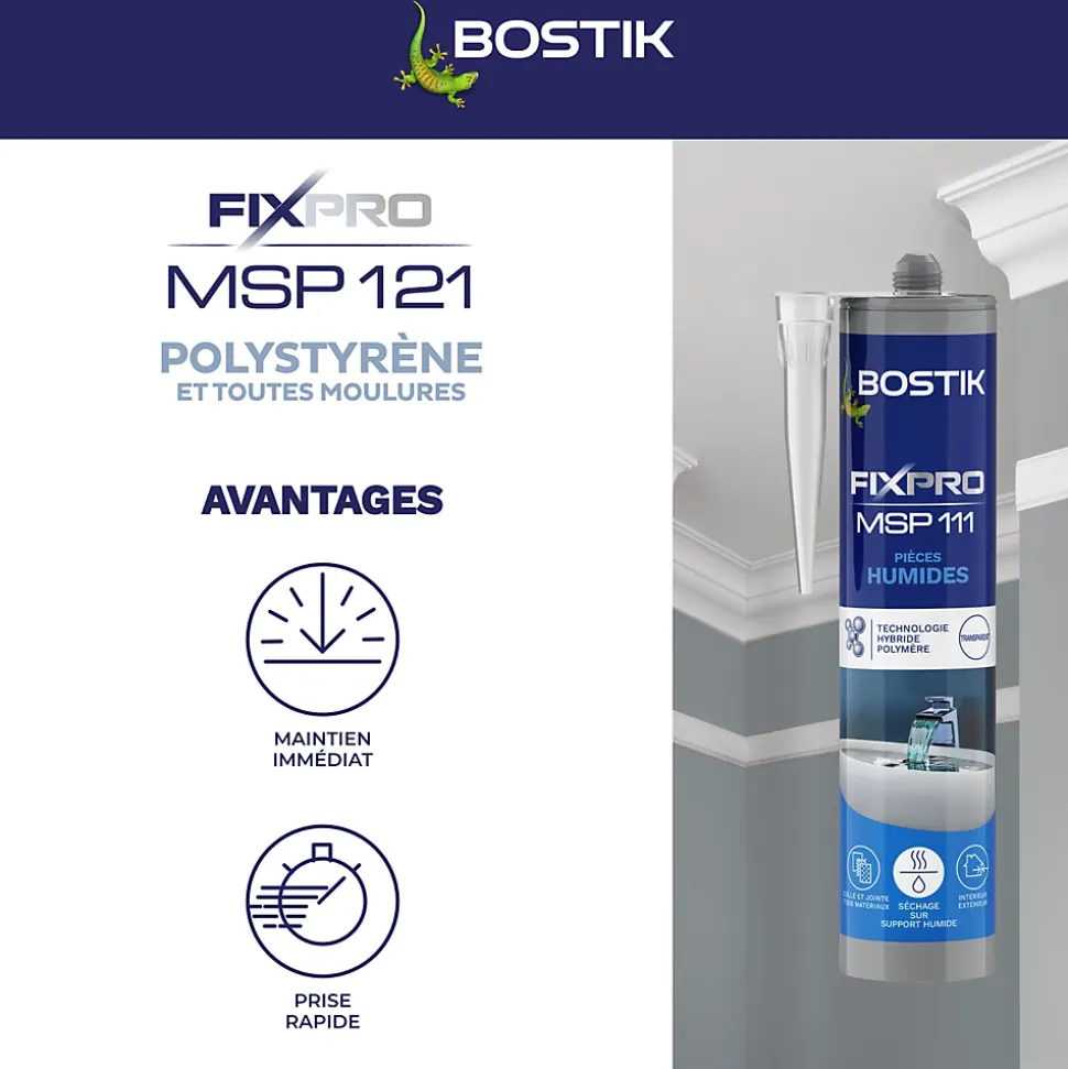Mastic colle spécial polystyrène et moulures blanc Bostik Fixpro MSP 121, cartouche de 290 ml