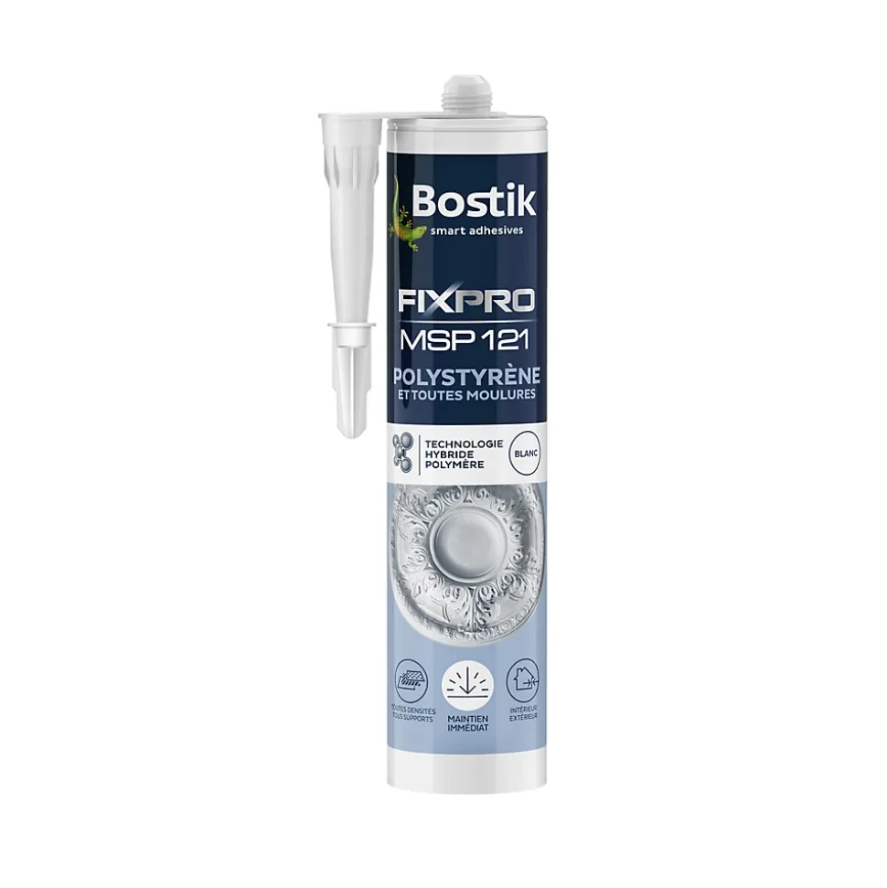 Mastic colle spécial polystyrène et moulures blanc Bostik Fixpro MSP 121, cartouche de 290 ml