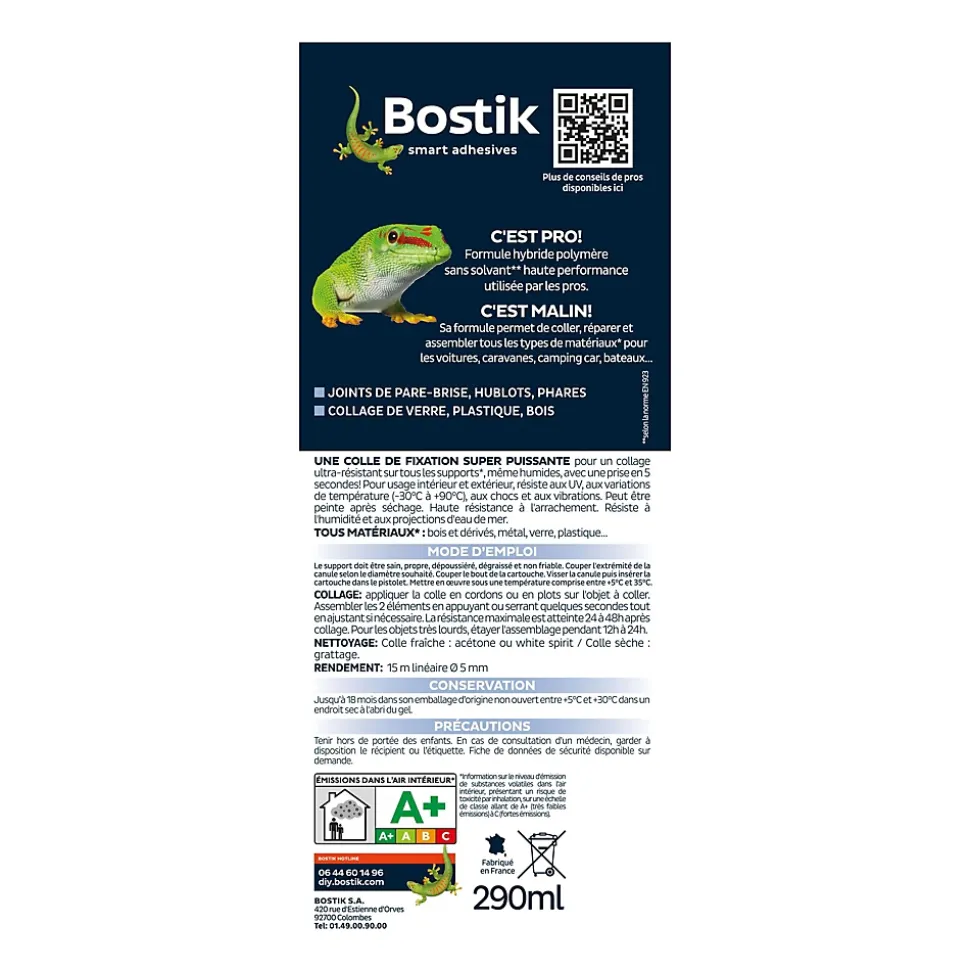 Mastic colle voitures et bateaux Bostik 290 ml coloris noir