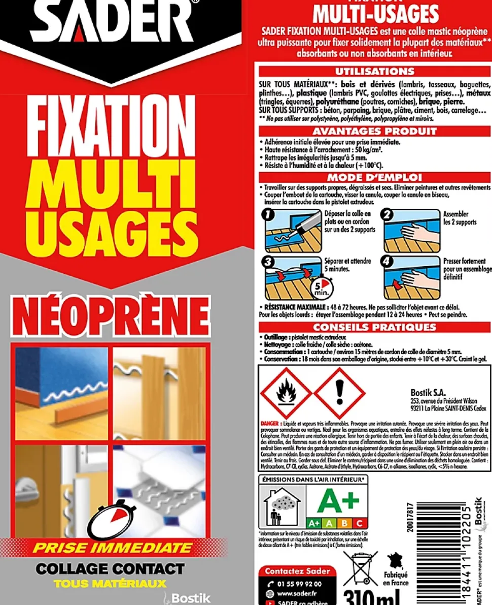 Mastic de Fixation Sader Multi-Usages Néoprène Cartouche 310 ml