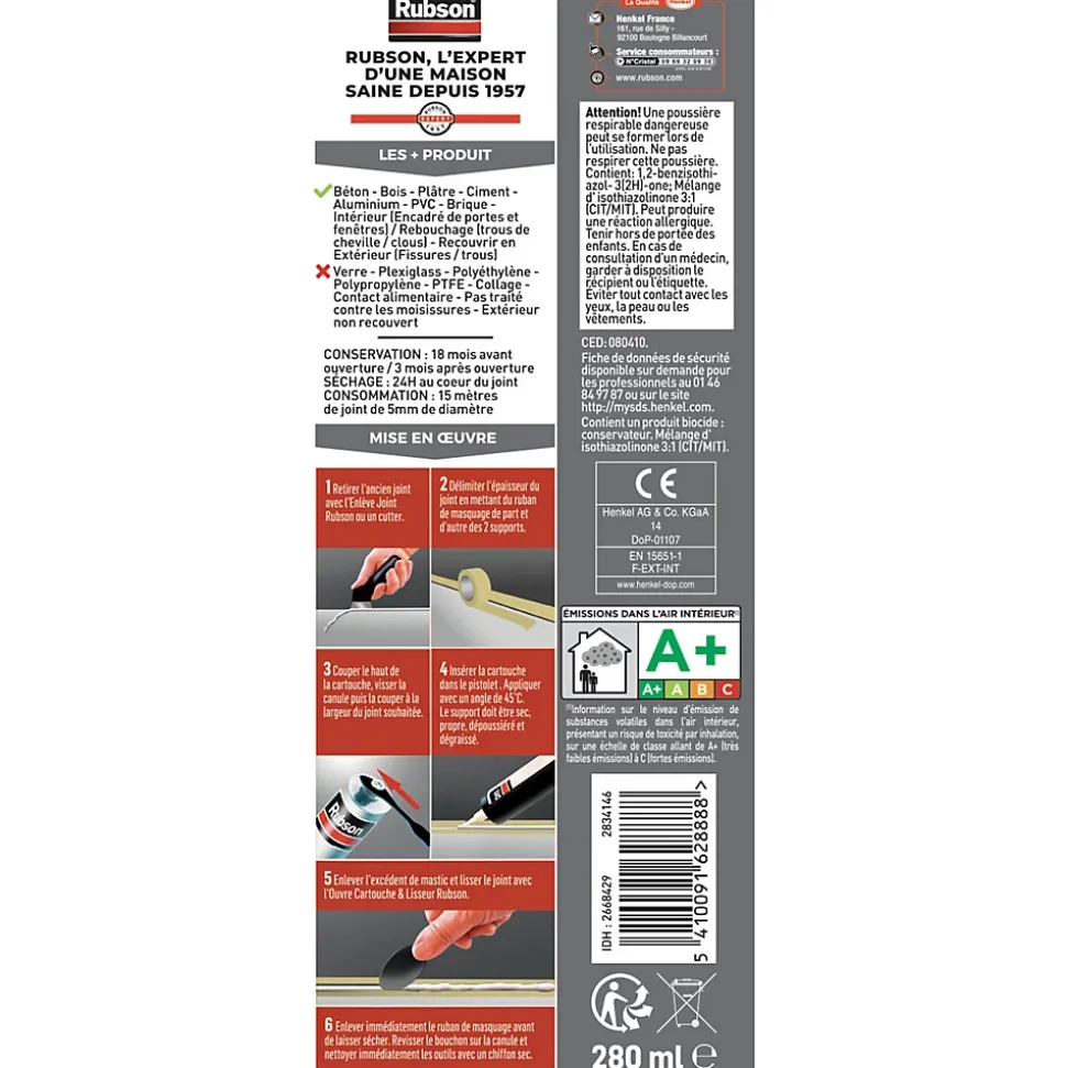 Mastic Rubson Maison Acrylique Murs-Fenêtres blanc cartouche 280ml vendu par 3 pièces
