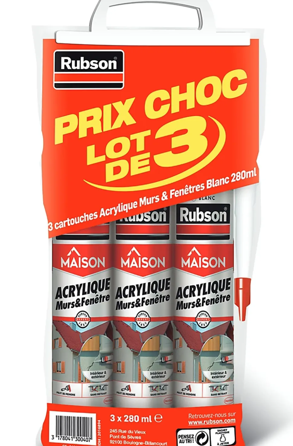 Mastic Rubson Maison Acrylique Murs-Fenêtres blanc cartouche 280ml vendu par 3 pièces