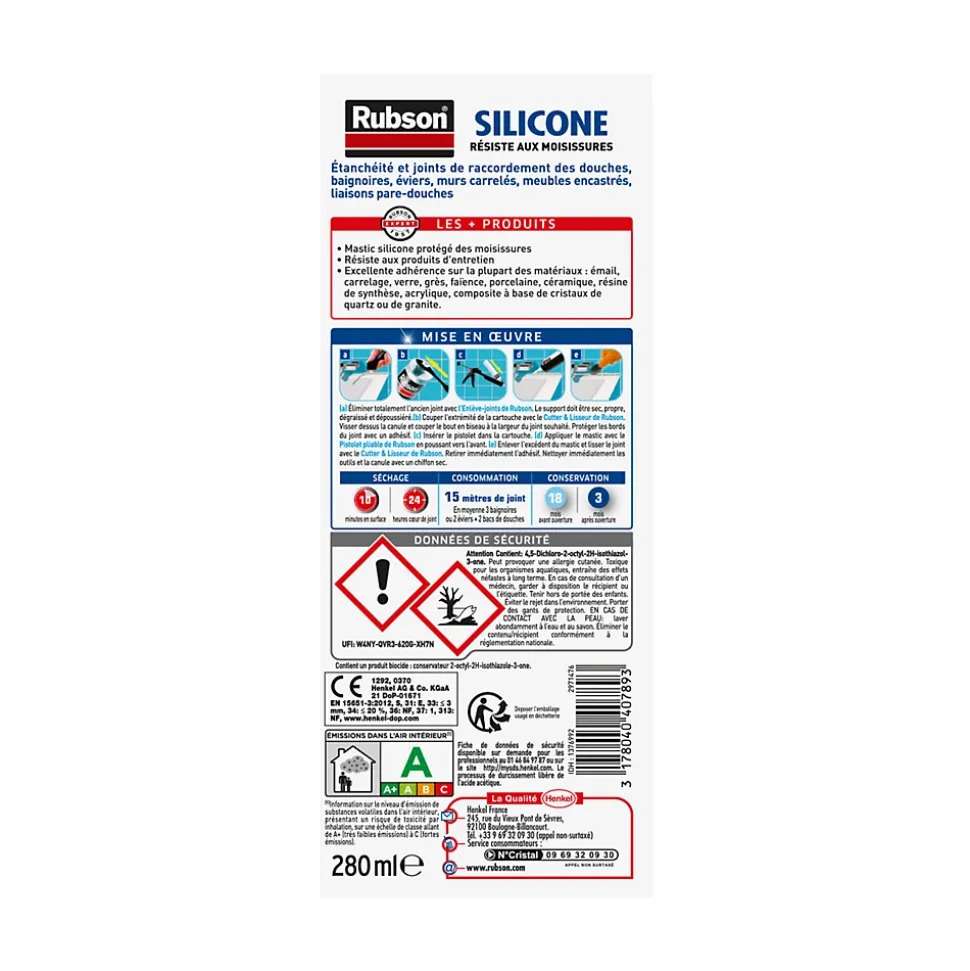 Mastic Rubson Sanitaire Salle de bains Saine Mastic blanc cartouche 280ml vendu par 2