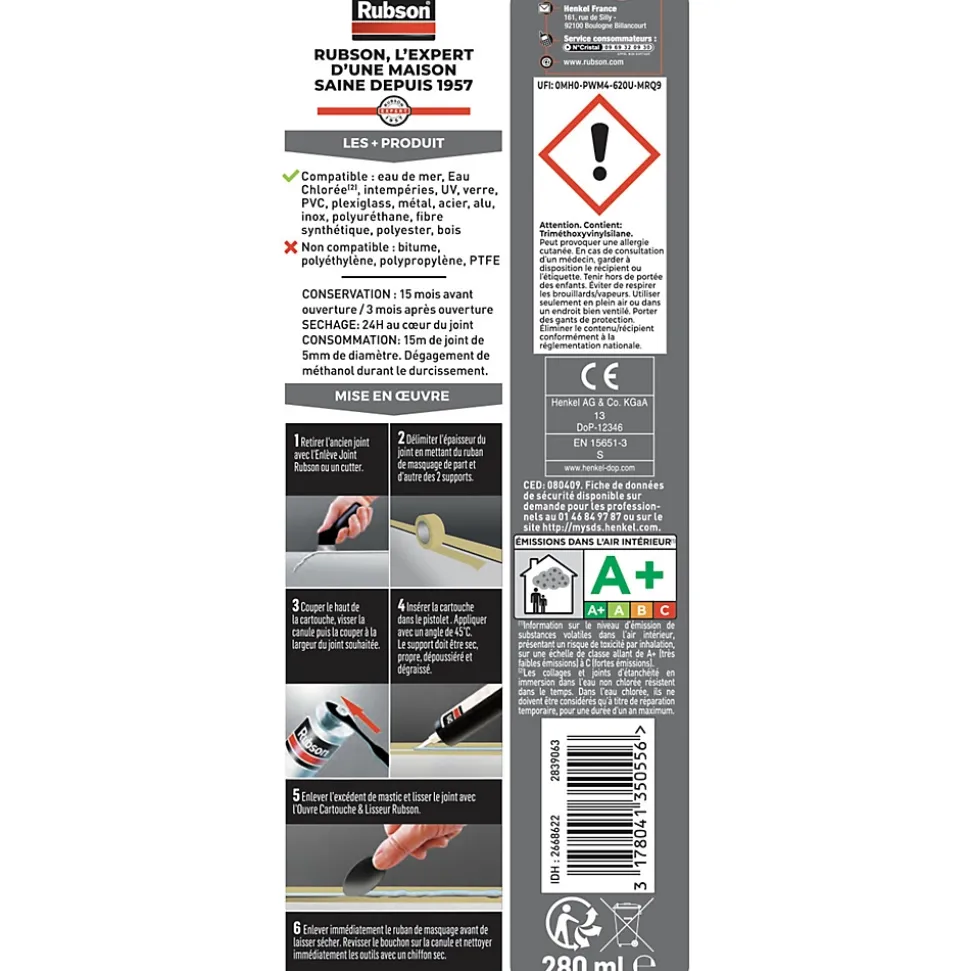 Mastic Rubson Special Materials Piscine transparent cartouche 280ml