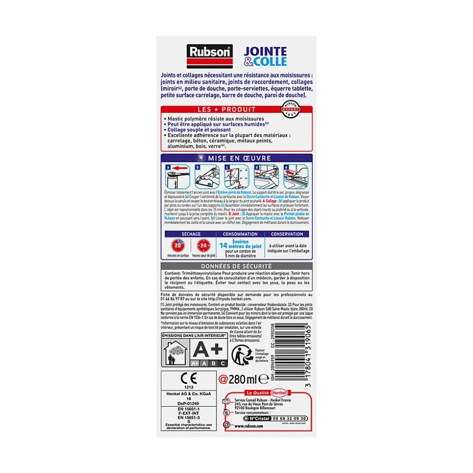 Mastic salle de bain Jointe&Colle Rubson blanc 280ml