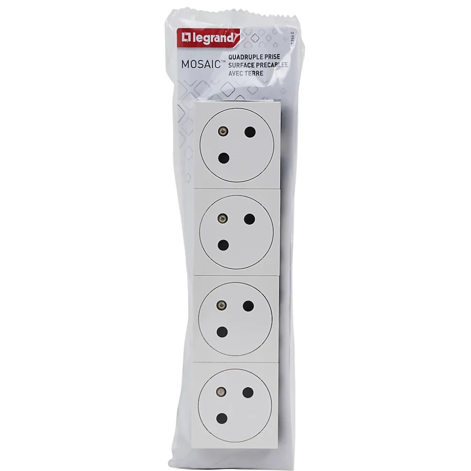 Mécanisme prise 2 pôles + terre Legrand Mosaïc blanc, 4 prises