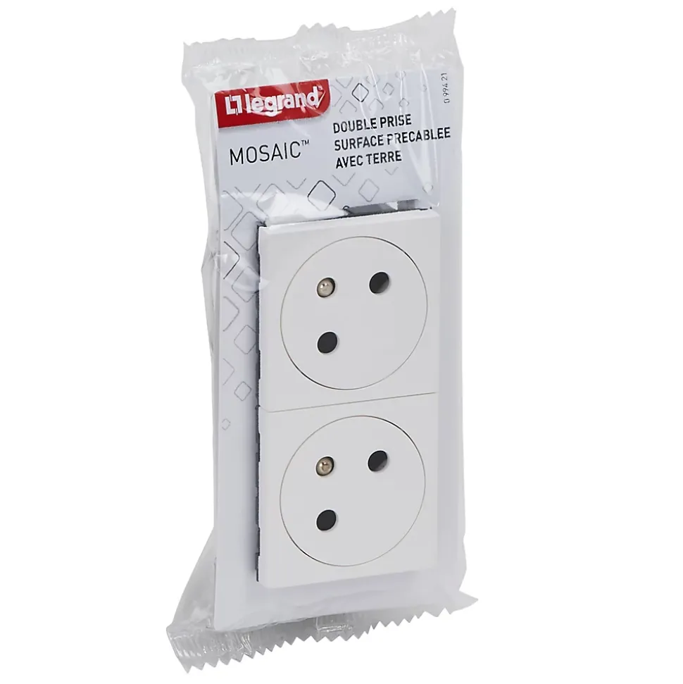 Mécanisme prise 2 pôles + terre Legrand Mosaïc blanc, 2 prises