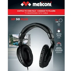 Meliconi - Casque TV filaire analogique HP50 PLUS - Noir - Câble lisse 5m anti-noeuds - Contrôle volume sur fil