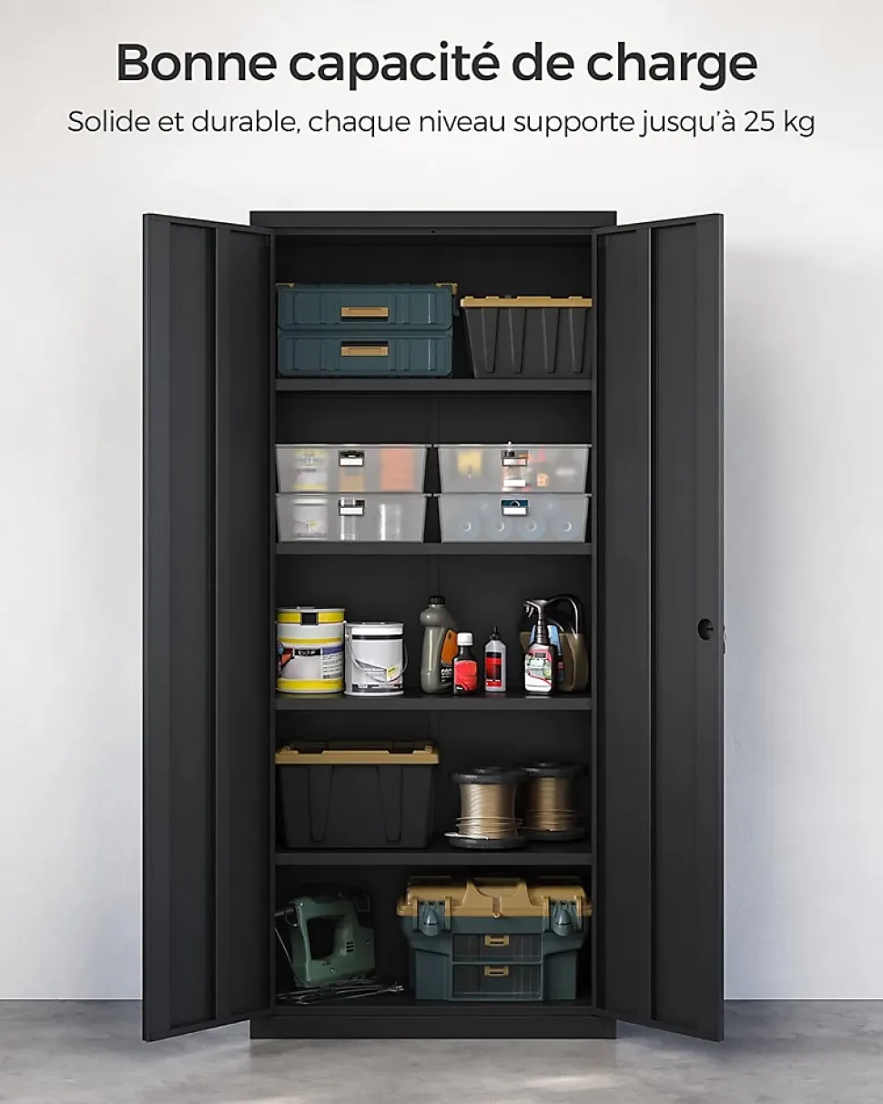 Meuble de Rangement Bureau, en Acier, Placard, avec 5 Étagères, Doubles Portes, Serrure, Armoire à Outils, Étagères Réglables