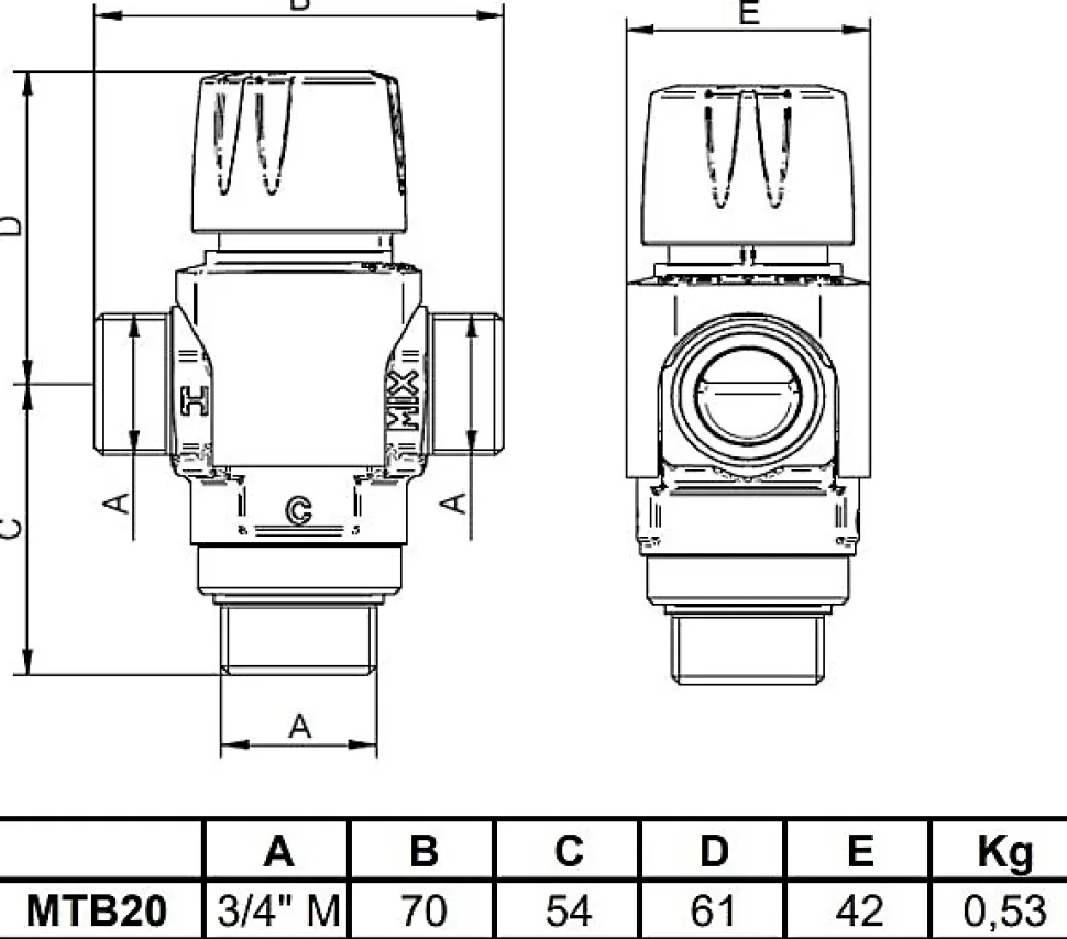 Mitigeur thermostatique THERMADOR MTB20 pour sortie de chauffe-eau