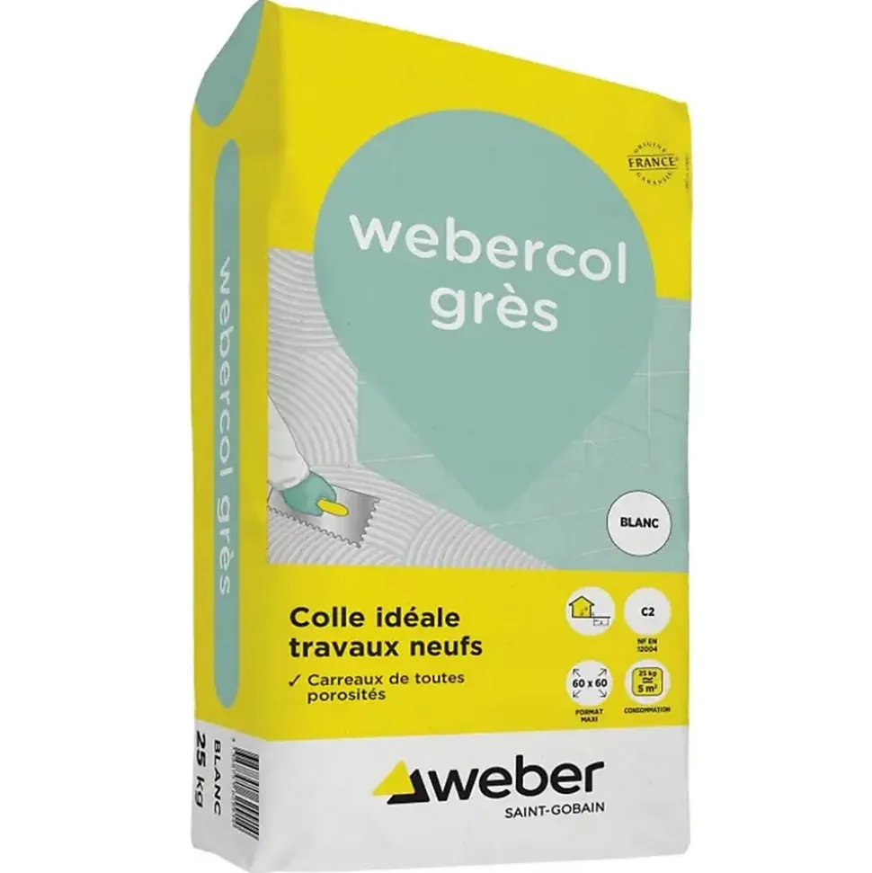 Mortier - colle à adhérence (C2) - WEBER COLLE GRES - Sac de 25 Kg - BLANC