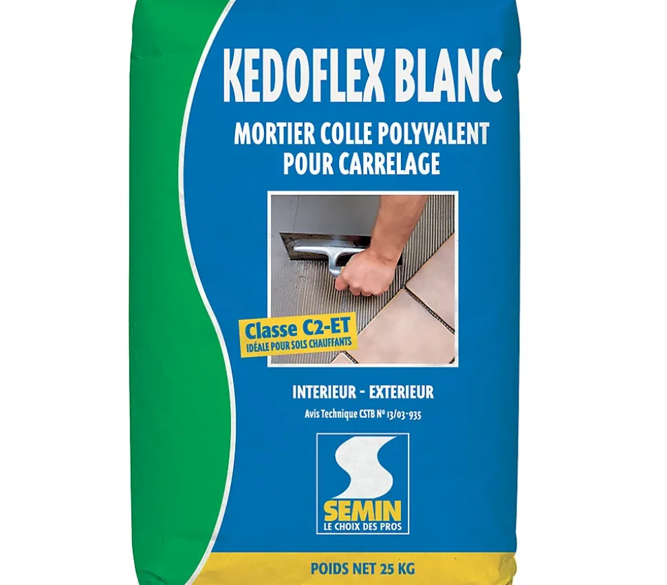 Mortier Colle Polyvalent pour Carrelage Kedoflex Blanc Semin, Intérieur/Extérieur, sac de 25 kg