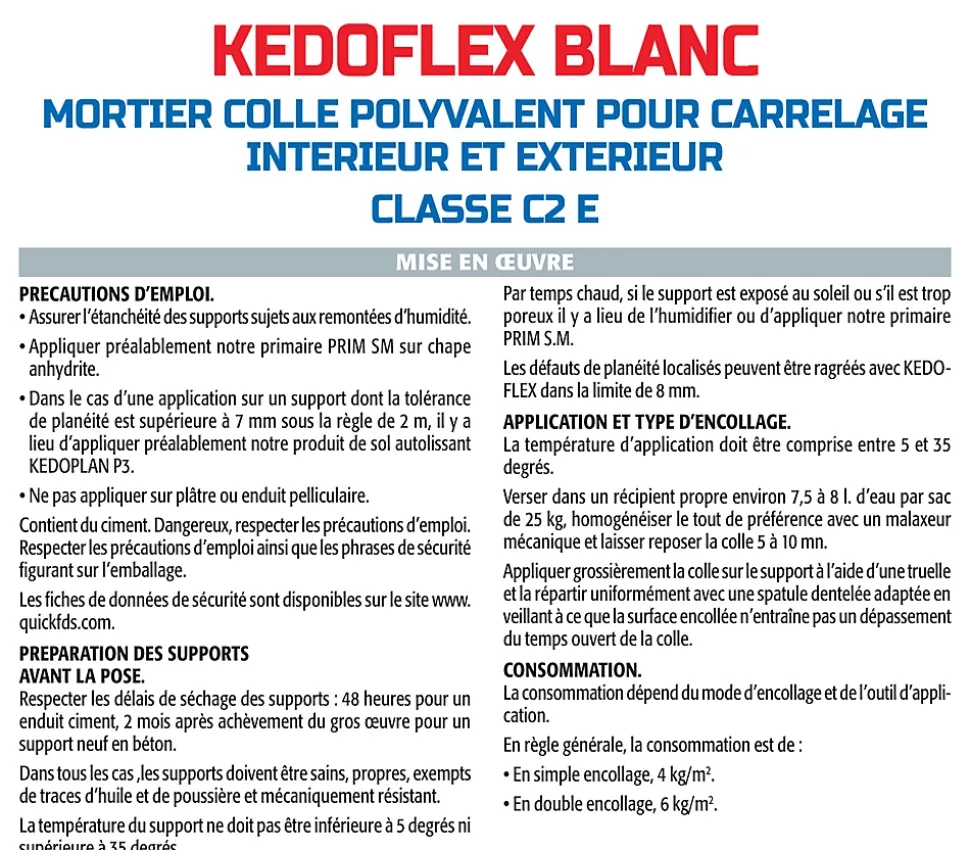 Mortier Colle Polyvalent pour Carrelage Kedoflex Blanc Semin, Intérieur/Extérieur, sac de 25 kg