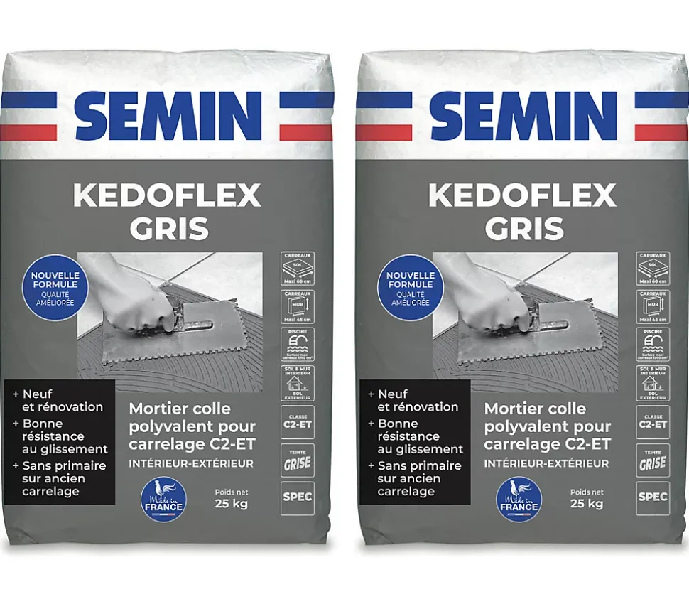 Mortier Colle Polyvalent pour Carrelage Kedoflex Gris Semin, Intérieur/Extérieur, sac de 25 kg, lot de 2