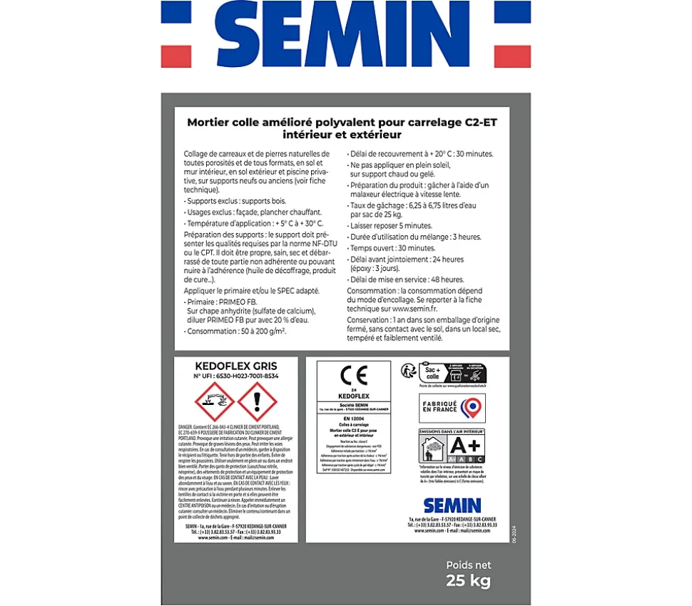 Mortier Colle Polyvalent pour Carrelage Kedoflex Gris Semin, Intérieur/Extérieur, sac de 25 kg