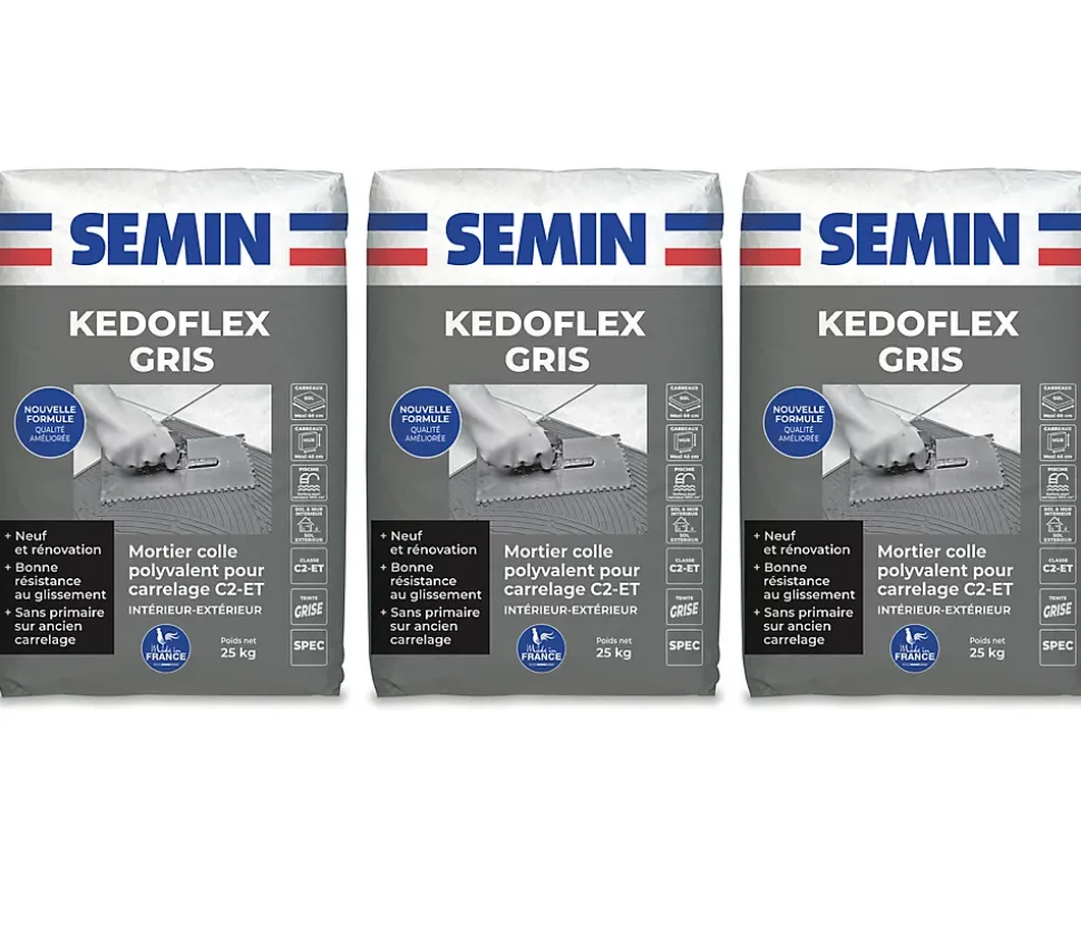 Mortier Colle Polyvalent pour Carrelage Kedoflex Gris Semin, Intérieur/Extérieur, sac de 25 kg, lot de 3